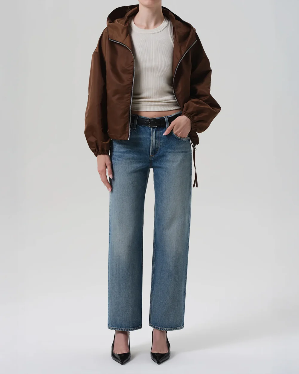 CROPPED NYLON WINDBREAKER / BROWN - Image 5